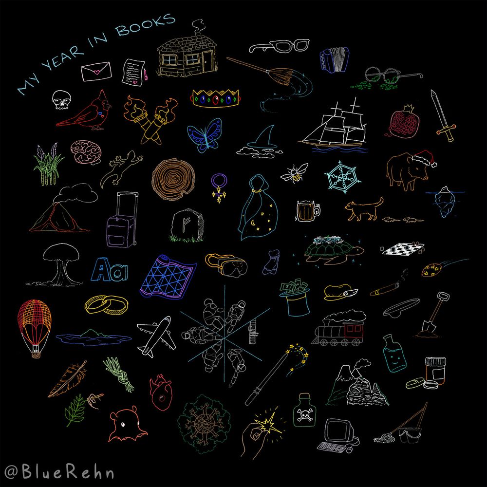 A collection of doodles representing 'My Year in Books' on a black background