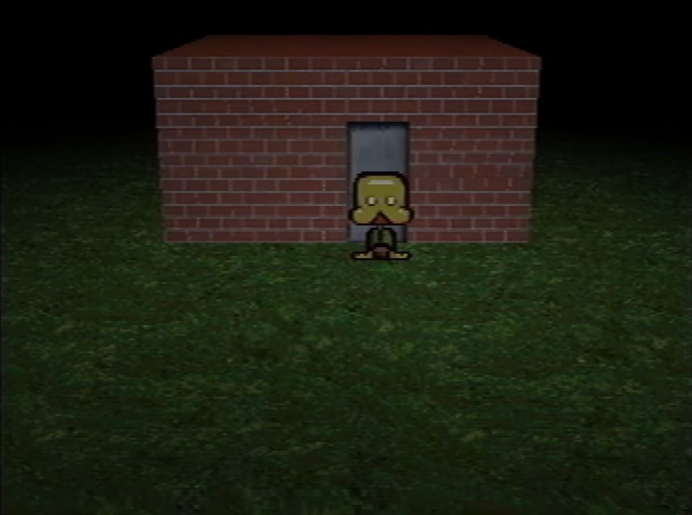 the ending of petscop video 1, with the player character standing outside of a square red-brick structure with a door in the front, on a featureless green plain with a black sky