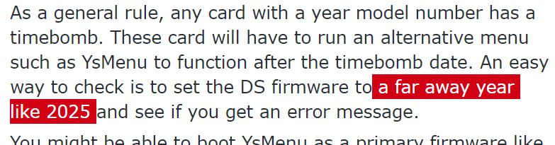 screenshot of a reddit post talking about ds flash card timebombs, with the highlighted part: set the ds firmware to "a far away year like 2025"