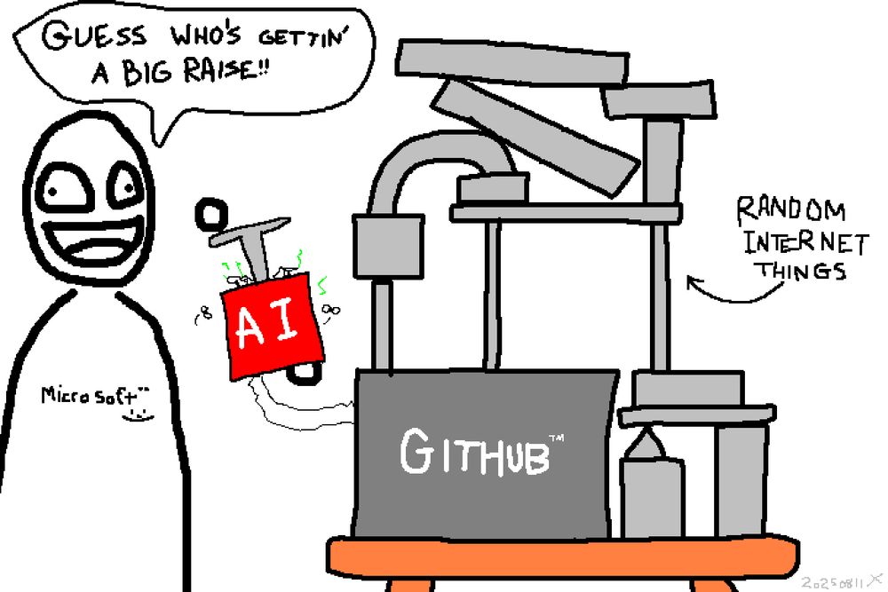 a ms paint comic loosely inspired by xkcd 2347, in which a microsoft™ employee with an obonoxious face is excited to detonate Github™ using AI™, where github is a foundational block that a lot of random internet shit rests on