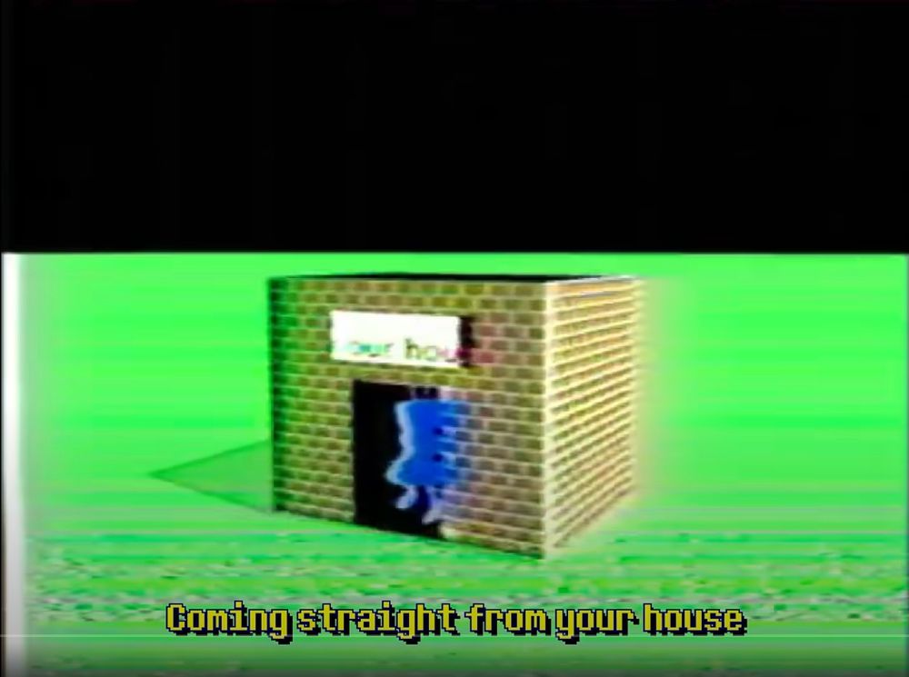 the intro vhs cinematic from deltarune: chapter 3, featuring a square red-brick structure with a door in the front, on a featureless green plain with a black sky