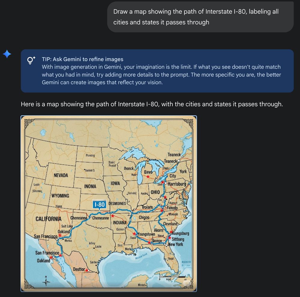 asking Gemini to "Draw a map showing the path of Interstate I-80, labeling all cities and states it passes through", and Gemini absolutely fails, mislabeling everything possible and drawing I-80 as a weird loop-de-loop through the South instead of an east-west line