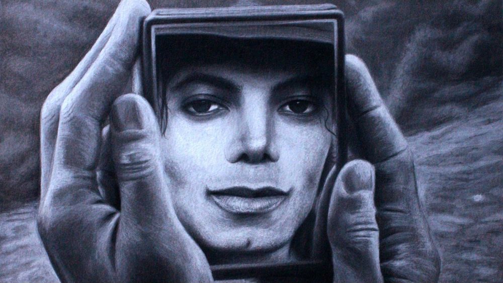 Painted image of two hands gently holding a small square mirror, in the reflection is the face of pop-singer superstar Michael Jackson looking back at the viewer. In reference to the infamous "Get the fries, you'll need the extra strength in the coming days." meme.