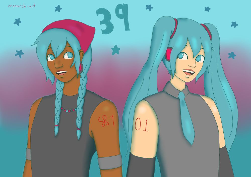 A digital drawing of Hatsune Miku as an 1800s Cherokee woman standing back to back with usual Miku from the waist up. The background is a faded blue-red with stars and a bold 39 in the middle. 