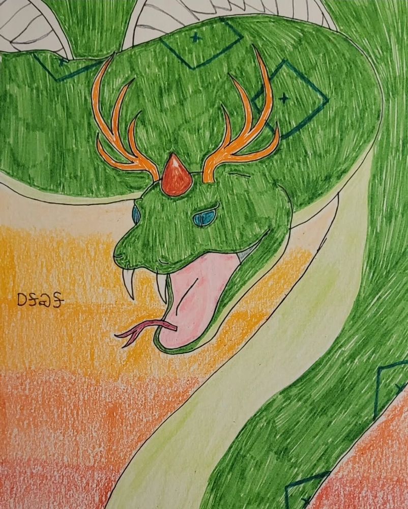 A traditional drawing of a Cherokee serpent known as Uktena, it's mouth is open in a hiss, it has a red gem in its head between golden antlers. 