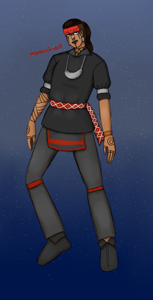 A full body drawing of an 1800s Cherokee man wearing a black shirt, a black breech cloth with red trim, black leggings with red ties and black pucker toe moccasins. He wears two silver arm bands, a copper bracelet on his left wrist and a silver gorget. He has a red finger woven belt with gray diamond designs. He wears traditional tattoos, and his face is painted. 