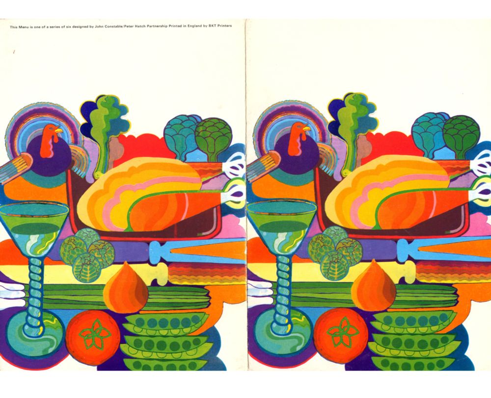 Menu cover with colorful illustration of food including turkey, vegetables, and a drink. 
