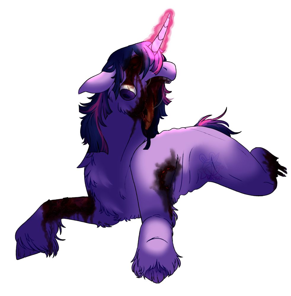 A fullbody picture of Twilight Sparkle (My Little Pony) as a Zombie. 
Her purple coat is ragged and unkempt and there's a bite mark on her left shoulder(? idk what it's called). Her left back leg is also ripped away with a piece of her bone poking out.
Her other hoof (right to be specific) has a large rotting part on it.

Moving back up her jaw has been ripped away, leaving her tongue (tounge?) hanging free, drooling blood. 
The right eye is hanging out of its socket.
Her horn is aglow and is coloring the picture with a soft pink glow.