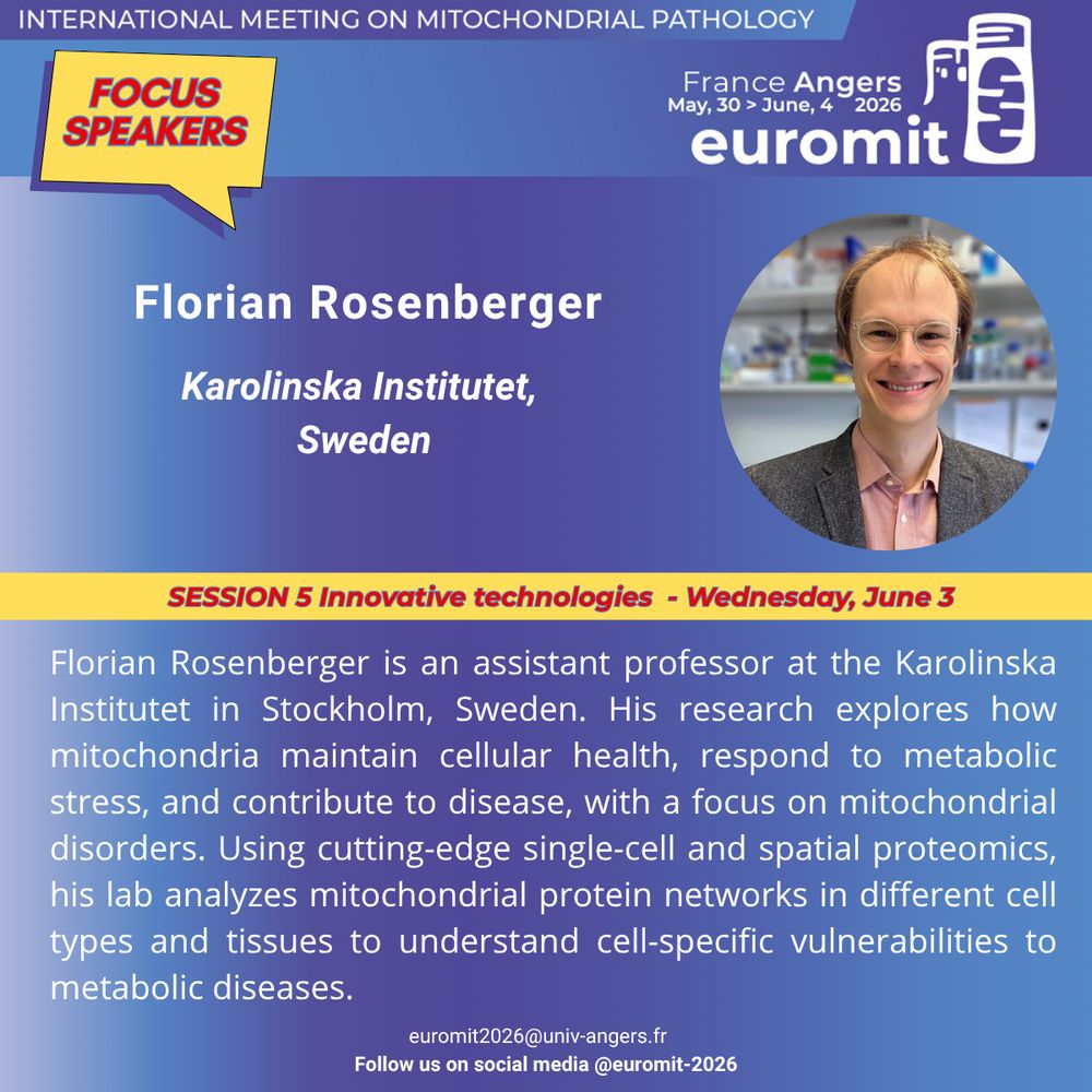 Picture of Florian Rosenberger featuring his photo and a short biography. Florian Rosenberger will be speaking at Euromit congress in 2026 in Angers, France on Wednesday, June 3rd  during the session entitled  Innovative technologies. Florian Rosenberger is an assistant professor at the Karolinska Institutet in Stockholm, Sweden. His research explores how mitochondria maintain cellular health, respond to metabolic stress, and contribute to disease, with a focus on mitochondrial disorders. Using cutting-edge single-cell and spatial proteomics, his lab analyzes mitochondrial protein networks in different cell types and tissues to understand cell-specific vulnerabilities to metabolic diseases.