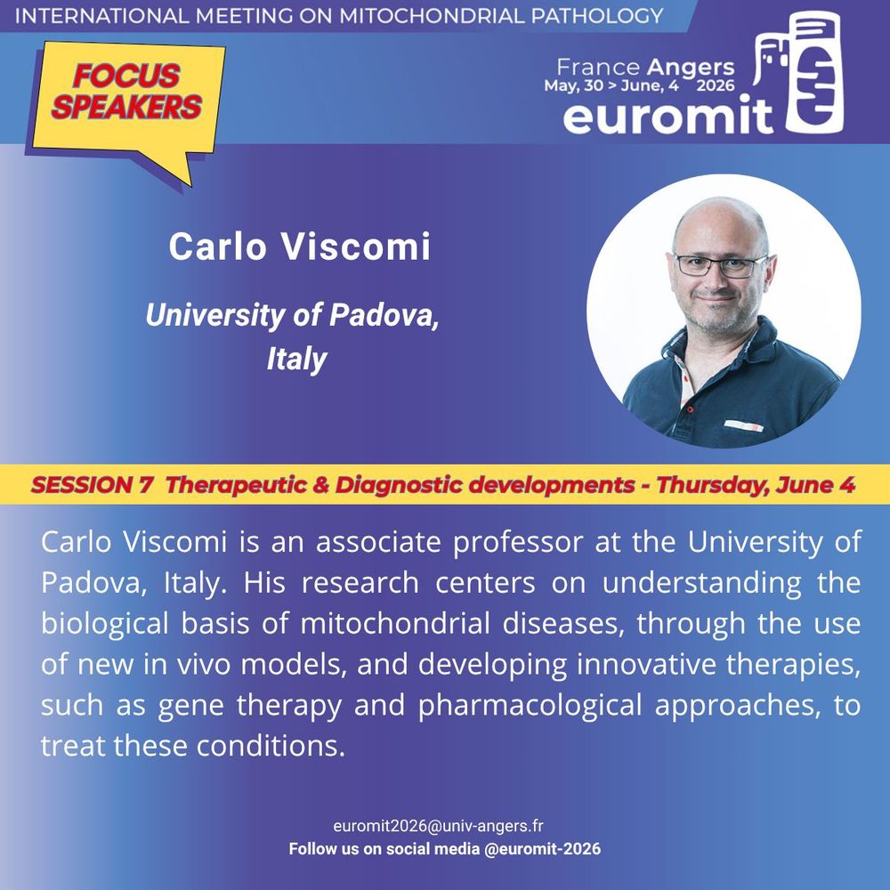 Picture of Carlo Viscomi  featuring his photo and a short biography. Carlo Viscomi  will be speaking at Euromit congress in 2026 in Angers, France on Thursday, June 4th  during the session entitled  Therapeutic & Diagnostic developments. Carlo Viscomi is an associate professor at the University of Padova, Italy. His research centers on understanding the biological basis of mitochondrial diseases, through the use of new in vivo models, and developing innovative therapies, such as gene therapy and pharmacological approaches, to treat these conditions. 