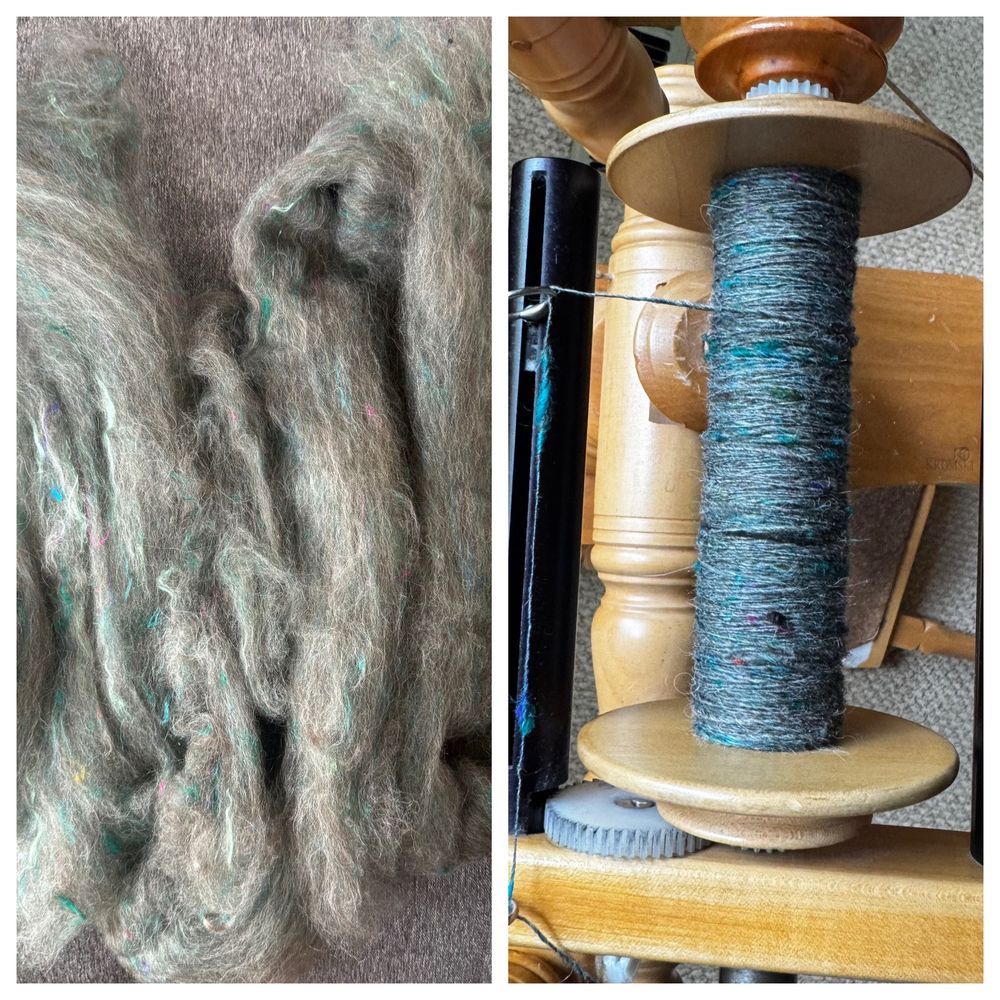 A split image divided down the center vertically.

On the left are strips of carded batts. I used a grey Finn, peduncle silk, some Lincoln dued green, green and teal dyed mulberry silk, and some mostly green sari silk waste.

On the right is a wooden bobbin on with some spun singles. It looks more green spun up than in the fiber.