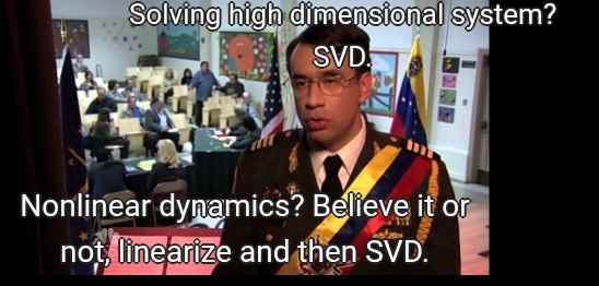 Meme image from Parks and Rec of a character dressed as a dictator, with text on it. 

text on top: "Solving high dimensional system? SVD."  

Text on bottom of image: "Nonlinear dynamics? Believe it or not, linearize and then SVD."
