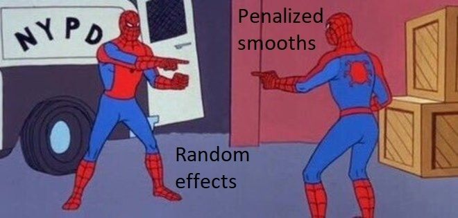 Meme image of two Spidermans pointing at one another; one labeled "penalized smooths" and the other labelled "random effects"