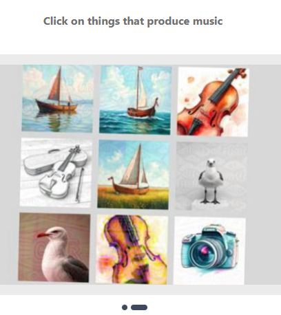 A captcha image asking the user to "click on things that produce music".  9 small pictures are shown of boats, violins, gulls, and a camera.