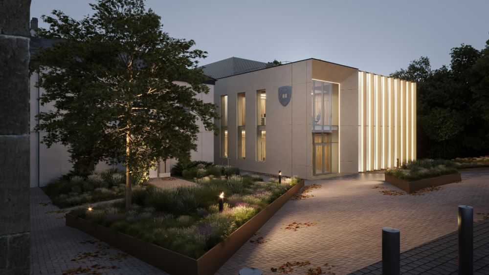 An artists rendition of the new building, it's boxy with floor to ceiling windows and cream coloured wall, softly lit with external lights
