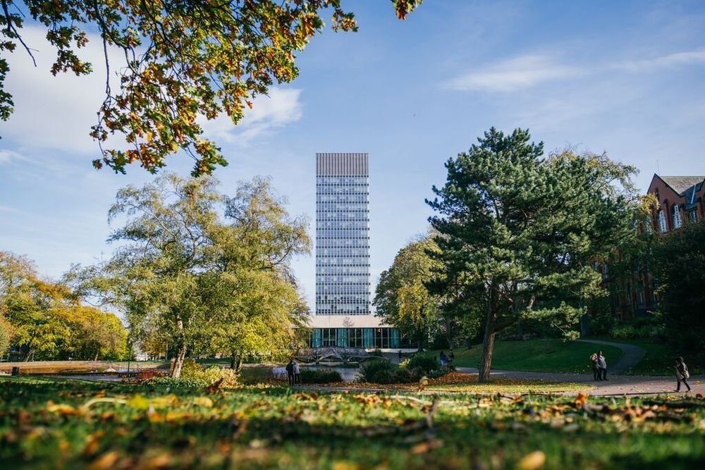 The Arts Tower with trees and Weston Park in the foreground