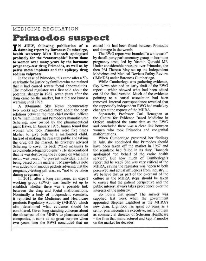 Photo of an article from Private Eye regarding Primodos - a Hormone Pregnancy Test that is widely believed to have caused birth defects.