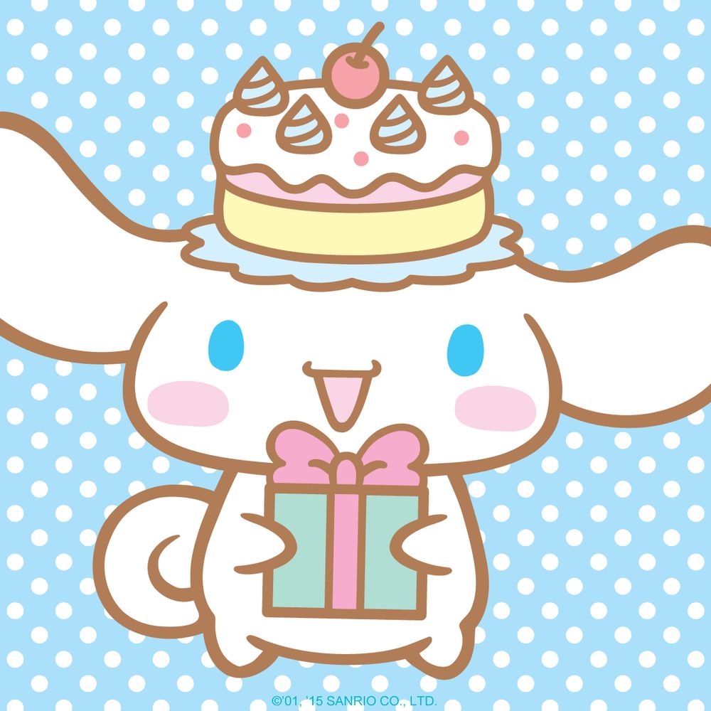Cinammoroll (sanrio) holding a birthday present with a cake on his head