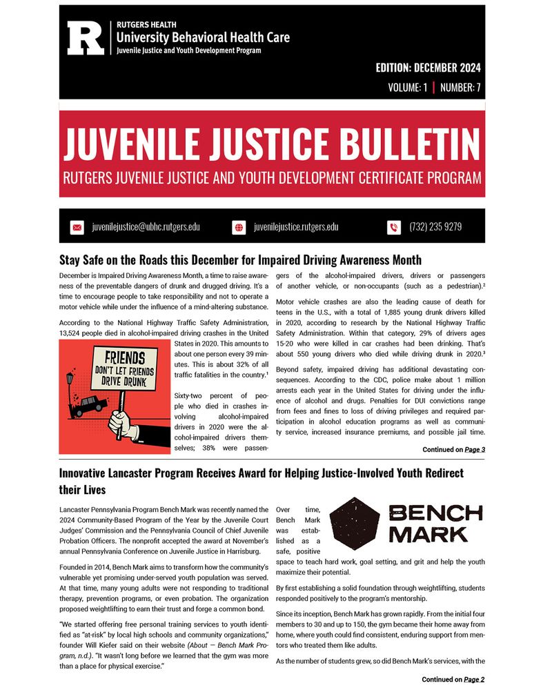The December issue also includes a preview of The Future of Youth Violence Prevention: A Mixtape for Practice, Policy, and Research, a new book by Rutgers University Psychologist Paul Boxer and Texas State University professor Raphael Travis, focused on innovative approaches to youth violence prevention.

Check out the JJYD Certificate Program Instructor Spotlight on Statewide Director of Youth Defense for the New Jersey Office of the Public Defender Michelle Callari, JD, and upcoming Course Previews. Monthly juvenile justice-related grant opportunities are also included.
