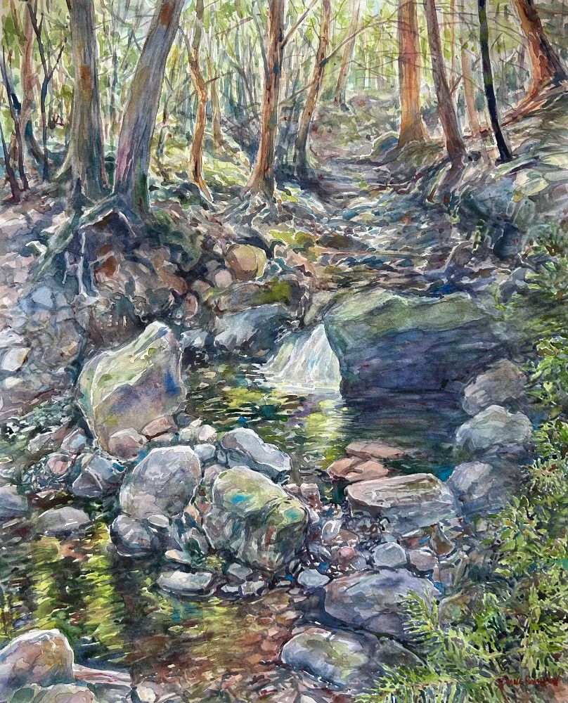 Large watercolor painting depicting a forest scene and gently flowing steam and small waterfall in the Adirondacks