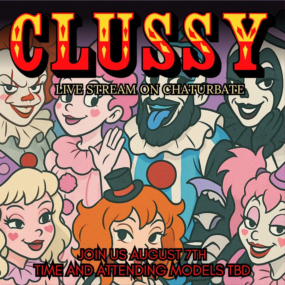 Promotional invitation, image of clown, girls in a cute artsy illustration for a clown stream