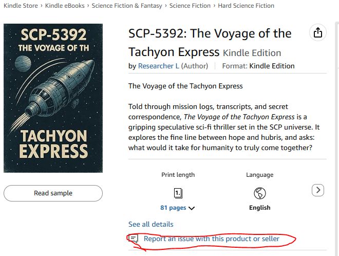 A screenshot of an amazon listing for SCP-5392: The Voyage of the Tachyon Express - Kindle edition. The cover is an AI image where the second 'The' in 'The Voyage of th' Tachyon express is missing the letter e. 
