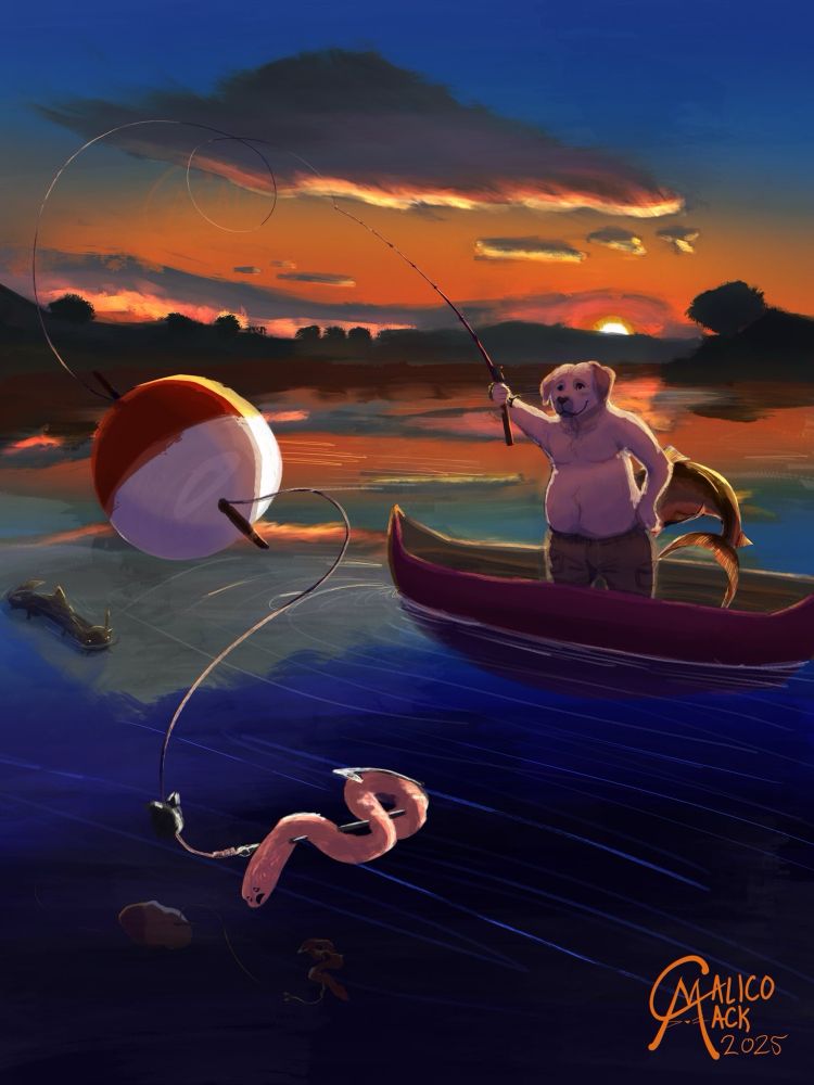 A digital painting of an anthro dog with a trout tail fishing on a boat in a lake. There is a deep orange sunset behind him, as he casts his line towards the viewer. A very worried worm is on the fishhook.