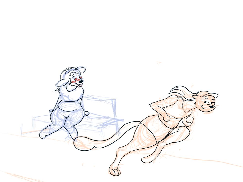 A rough sketch of an anthro deer drooling over an anthro cheetah who is running passed her.