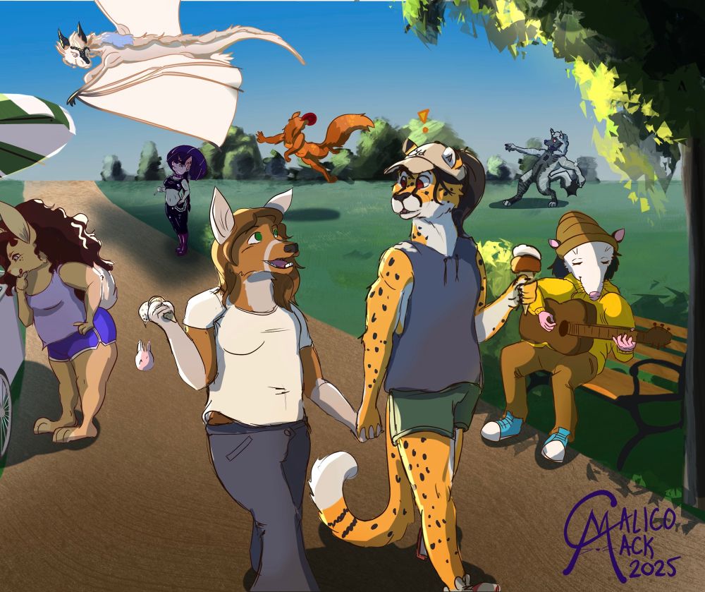 A cropped version of the full art. This is the right side of the scene. From front to back: Reed the deer walks and talks with Carrie the cheetah while holding hands. They both have ice cream, but Reed’s is falling to the ground. Cheeto the opossum plays acoustic guitar while sitting on a bench. Rhael in dragon form flies overhead, casting a shadow over Nos the albino bat. Dog and Star the wolf play frisbee together. Star has thrown the frisbee while Dog has jumped up to catch it with her mouth.