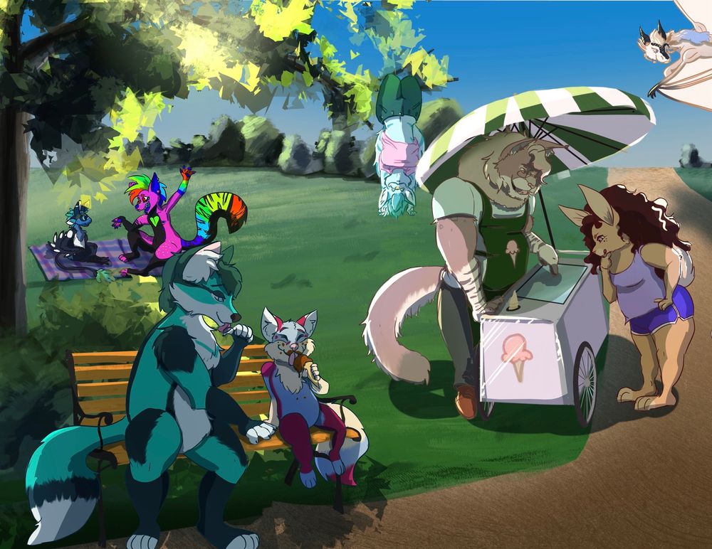 A cropped version of the full art. This is the left side of the scene. From front to back: Najumafox gets ready to wipe chocolate ice cream off her child’s face. Chai the big cat is selling ice cream out of a cart and showing Nia bunny the different flavors while she ponders her choices. Sylvie fox is hanging upside down from a tree. Chaos the sparkle dog sits and chats with Ravi the Avali on a picnic blanket.