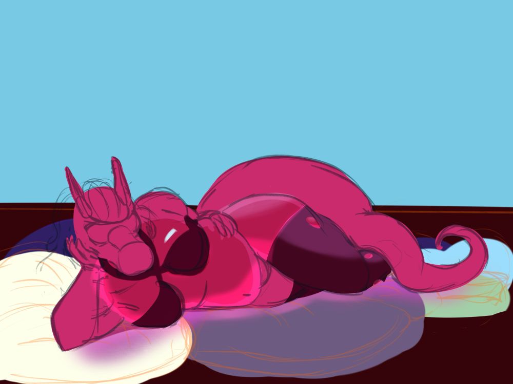An unfinished drawing of a dragon-like character who is made of jello sensually laying on top of a pile of pillows