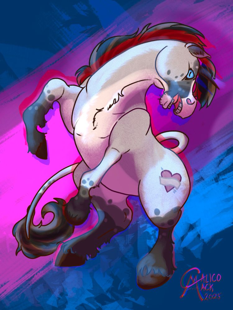 A digital drawing of a grey unicorn rearing up on its back legs with its head turned and mouth open. A marking of a heart with an arrow through it is on its back haunch. The drawing has a chromatic adoration filter on it.