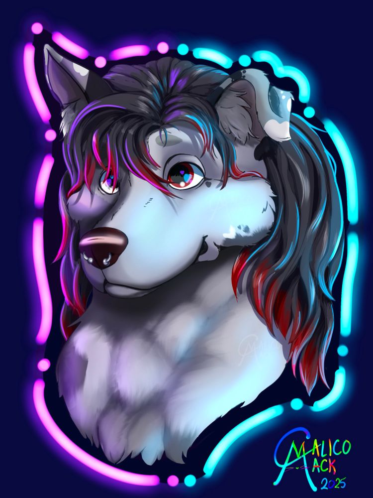 A digital portrait of a grey dog with black and red hair. The lighting is composed primarily of pink and blue light. 