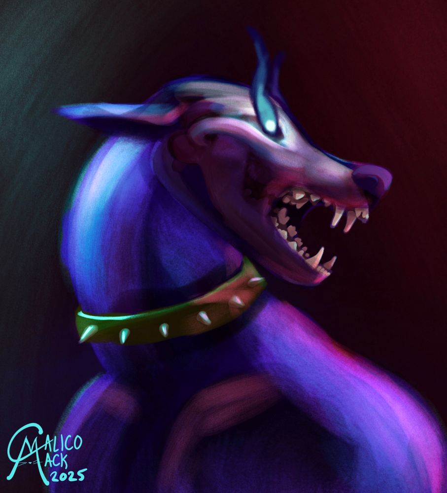 A digital painting of a dog-like creature snarling towards the left. The skin is made of a ghostly material, and you can see its skull underneath the surface. Its eyes are made of wisps of blue flames.
