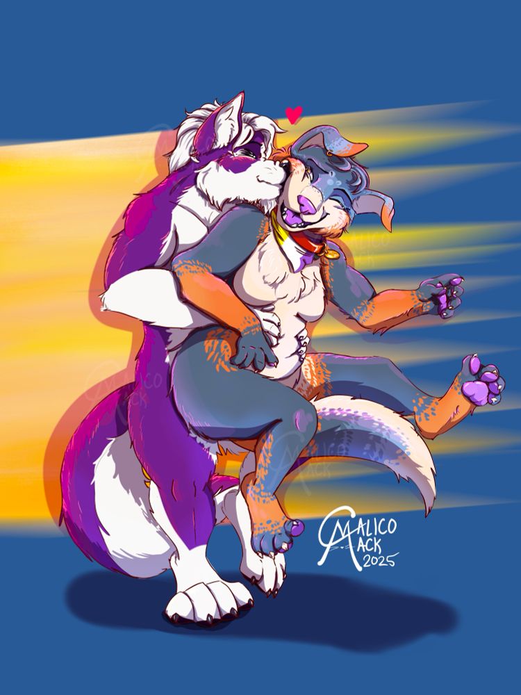 A digital drawing of two anthro characters. The taller one is bright purple wolf with white hair, and is pulling back the other character for a smooch on the cheek. The other character is a grey and orange marbledAussie shepherd with a beige belly. They are smiling and looking sideways at the other character lovingly