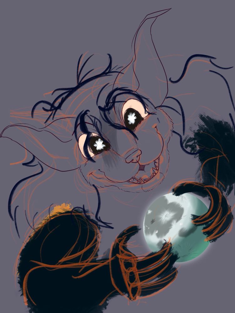 A rough sketch of a cat like creature greedily grabbing the moon