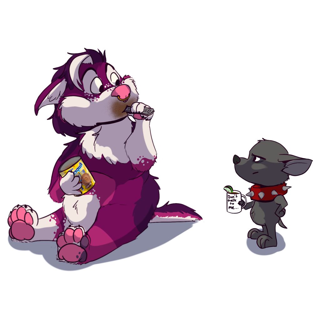 Digital drawing of two cartoon dogs. The purple one is sitting on the floor looking guilty, while having a spoonful of nesquik powder in her mouth. The grey dog is looking at her with an irritated look, while holding a cup of coffee.