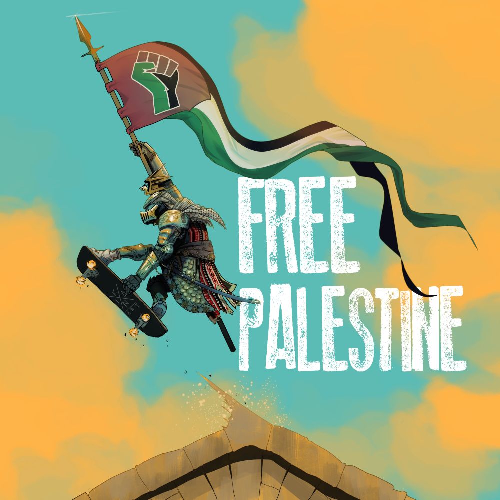 Un caballero lleva un estandarte con la bandera de palestina mientras realiza un salto con un skate. Todo con colores amarillos y celestes con un texto en blanco que cita "free palestine" 