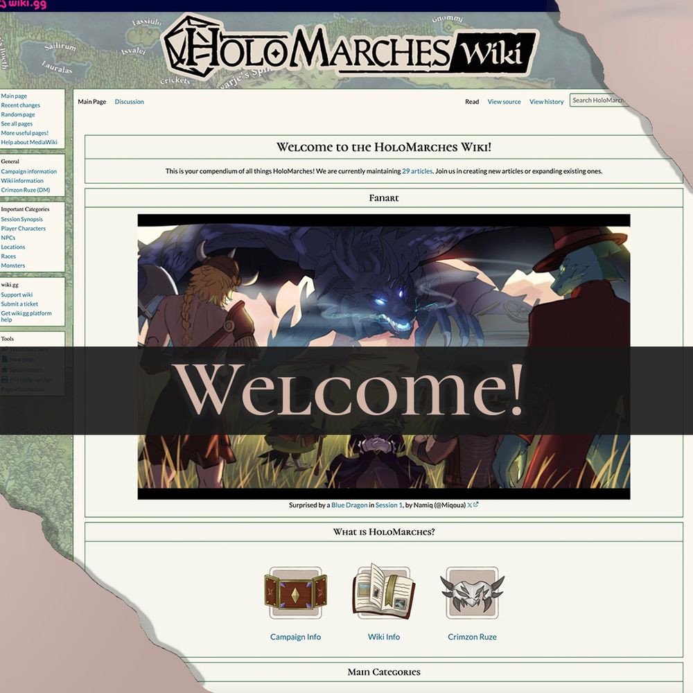 Screenshot of the HoloMarches Wiki with a banner that says "Welcome!"