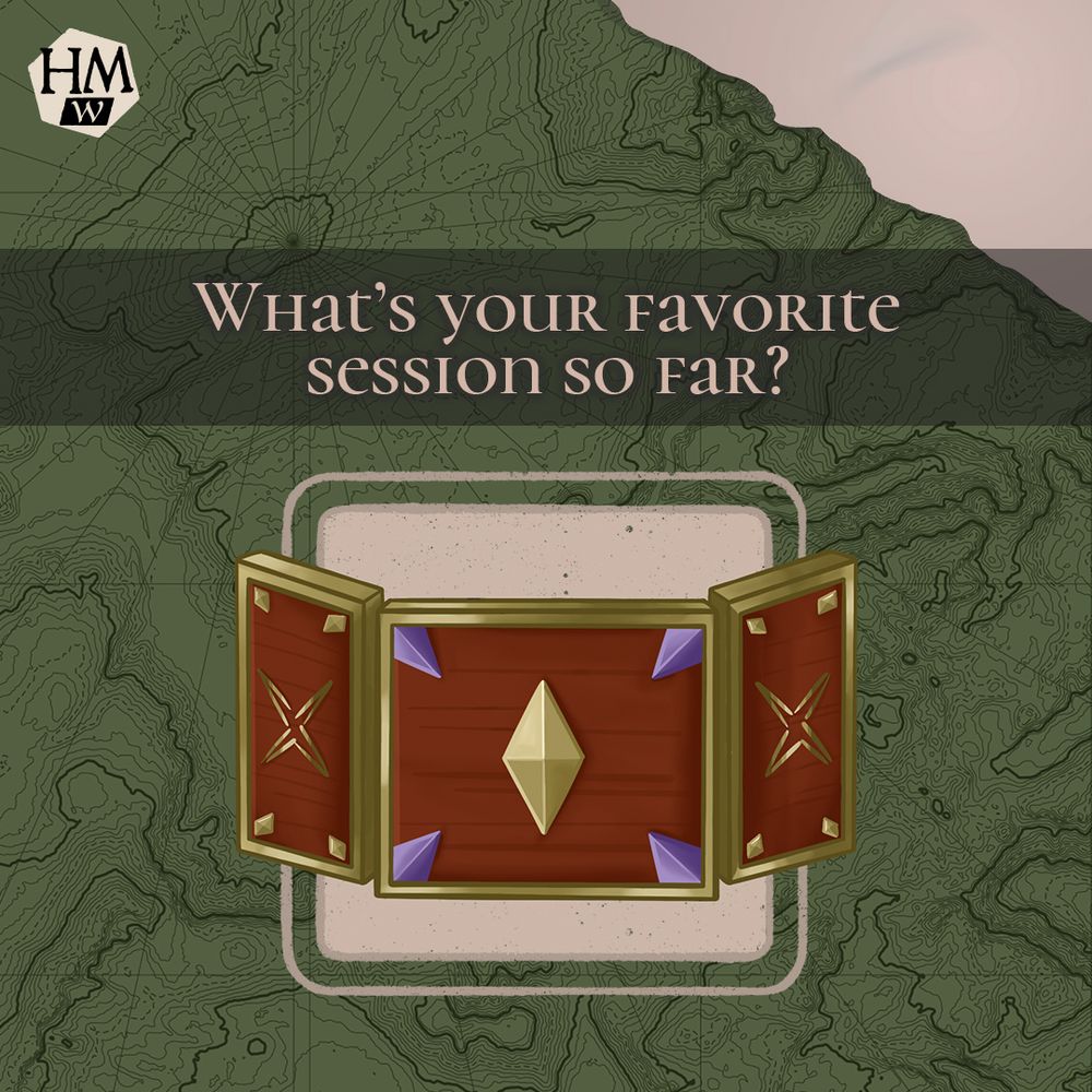 Icon of a dungeon master's privacy scren themed after Crimzon Ruze, on a background with map-like designs, with the question "What's your favorite session so far?" and a "HMW" logo in the corner.