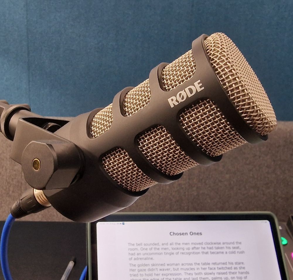 Rode podcasting microphone. In the background is the screen I shall be reading from.