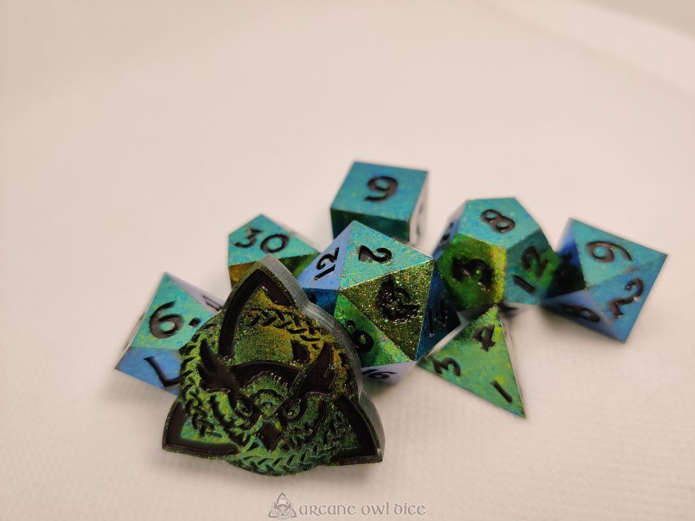 A set of green color shifting dice