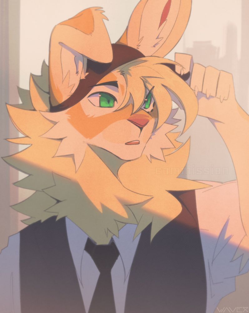 yellow rabbit wearing a white shirt and tie with a vest on top, holding the brim of his hat as he watches the sunrise/set with a vague city-like background