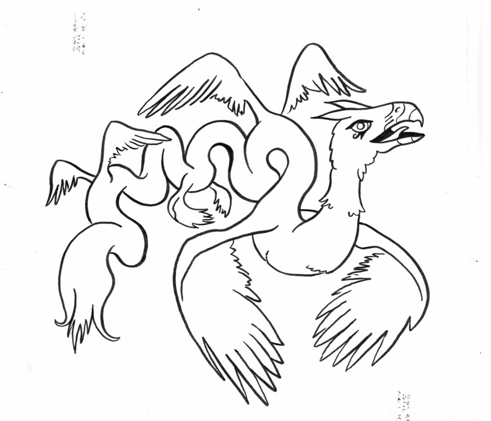 an ink drawing of a flying serpentine guy