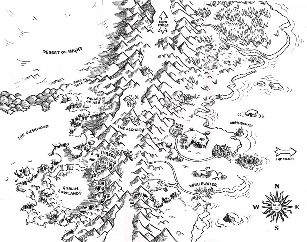 a pen and ink fantasy world map with a big mountain range running north-south down the middle, remnants of a fallen empire dotting the highlands that run down the middle of the range