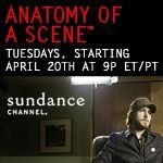 A promo for Sundance Channel’s Anatomy of a Scene, featuring a white man in a baseball cap sitting in a chair (bottom right) below text of the title and the time it aired
