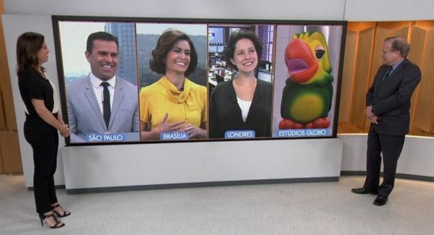 Jornalistas da Gobo posicionados lado a lado dividindo um mesmo telão dentro de um estúdio de jornalismo da emissora, onde conseguem conversar e opinar a respeito das notícias que o âncora divulga. Este está posicionado de pé em frente ao telão.