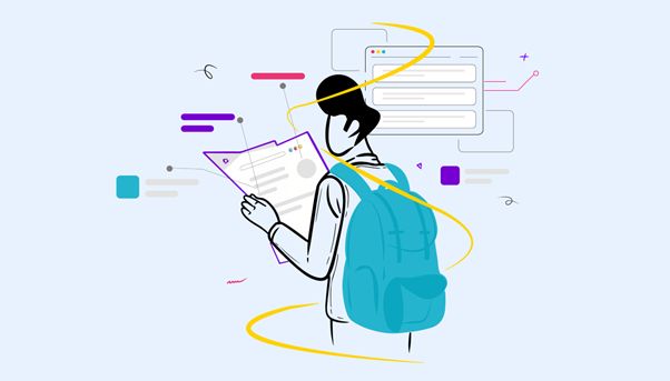 A cartoon of a person wearing a blue backpack and reading a guide full of information.