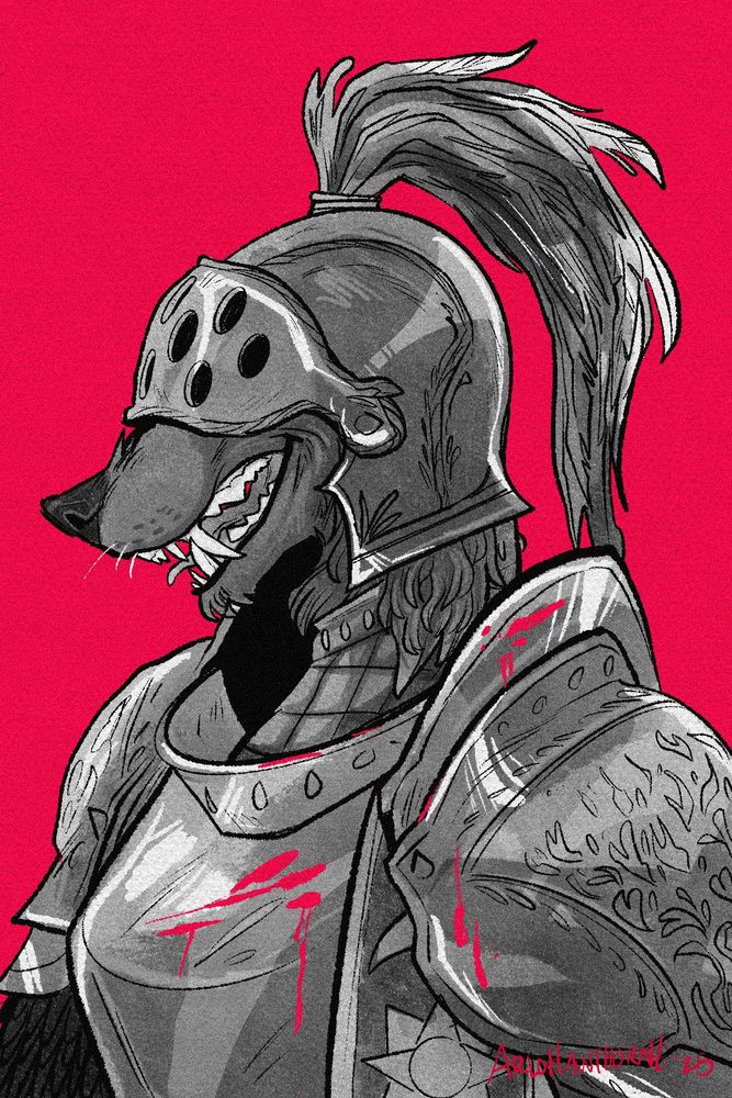 bust drawing in black and white of a dog character in a suit of armor. There is a bright red background
