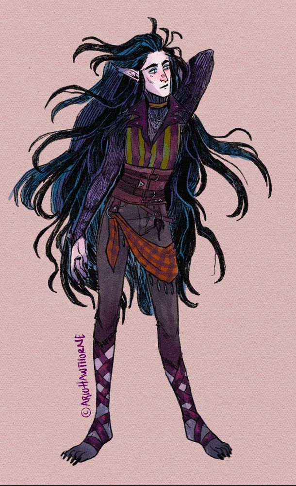 Character drawing on a tall skinny guy with wild black hair. He's forked pointed ears that end in dark tips, bright blue eyes and is wearing a black feathered high neck, long sleeved shirt under a striped green and purple top with a leather lapel. He's got a few necklaces on, tight black pants that end in purple ribbons that wrap around his shins and feet. He wears a small leather corset on his waist and a sash of rust orange tartan fabric around his hip/thigh area.